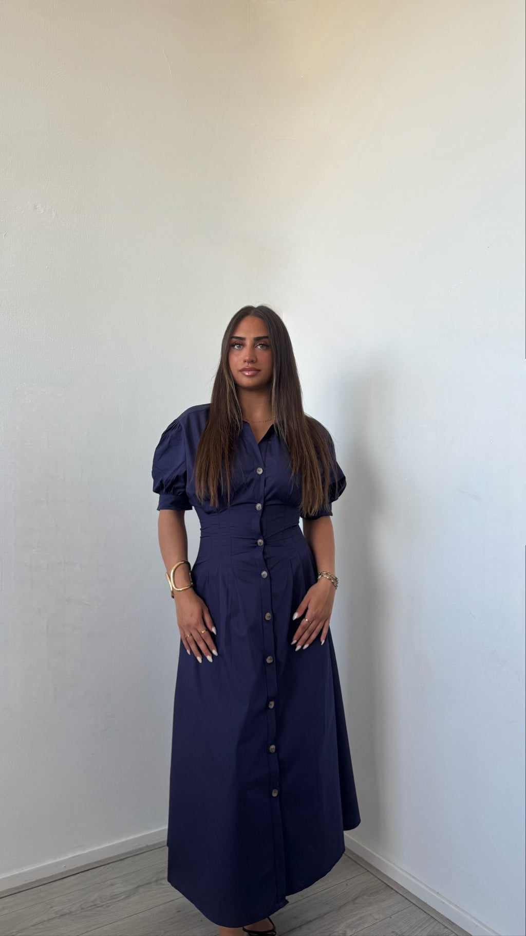 Elegant Navy Blue Shirt Midi Dress With Puff Sleeves
