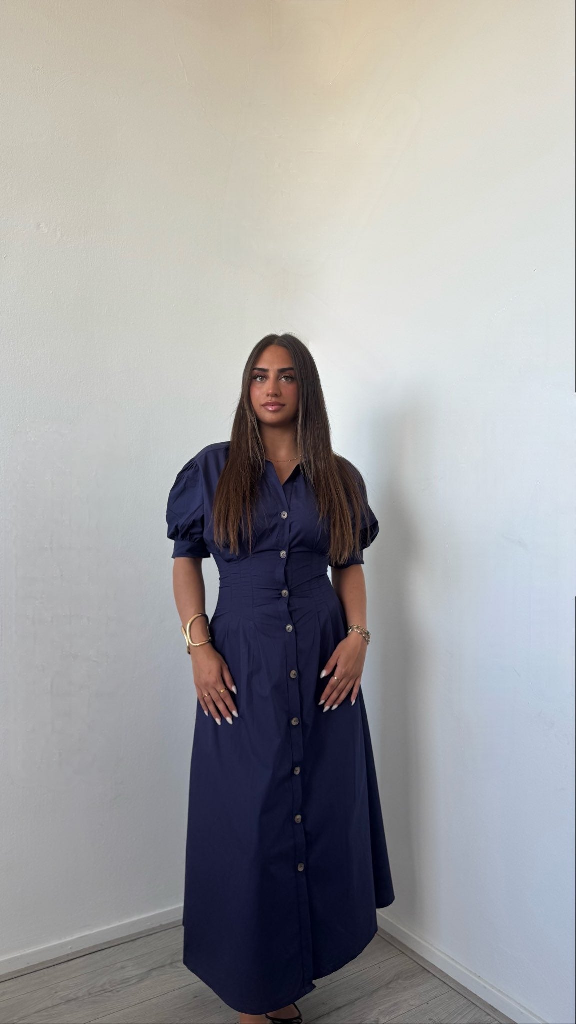 Elegant Navy Blue Shirt Midi Dress With Puff Sleeves