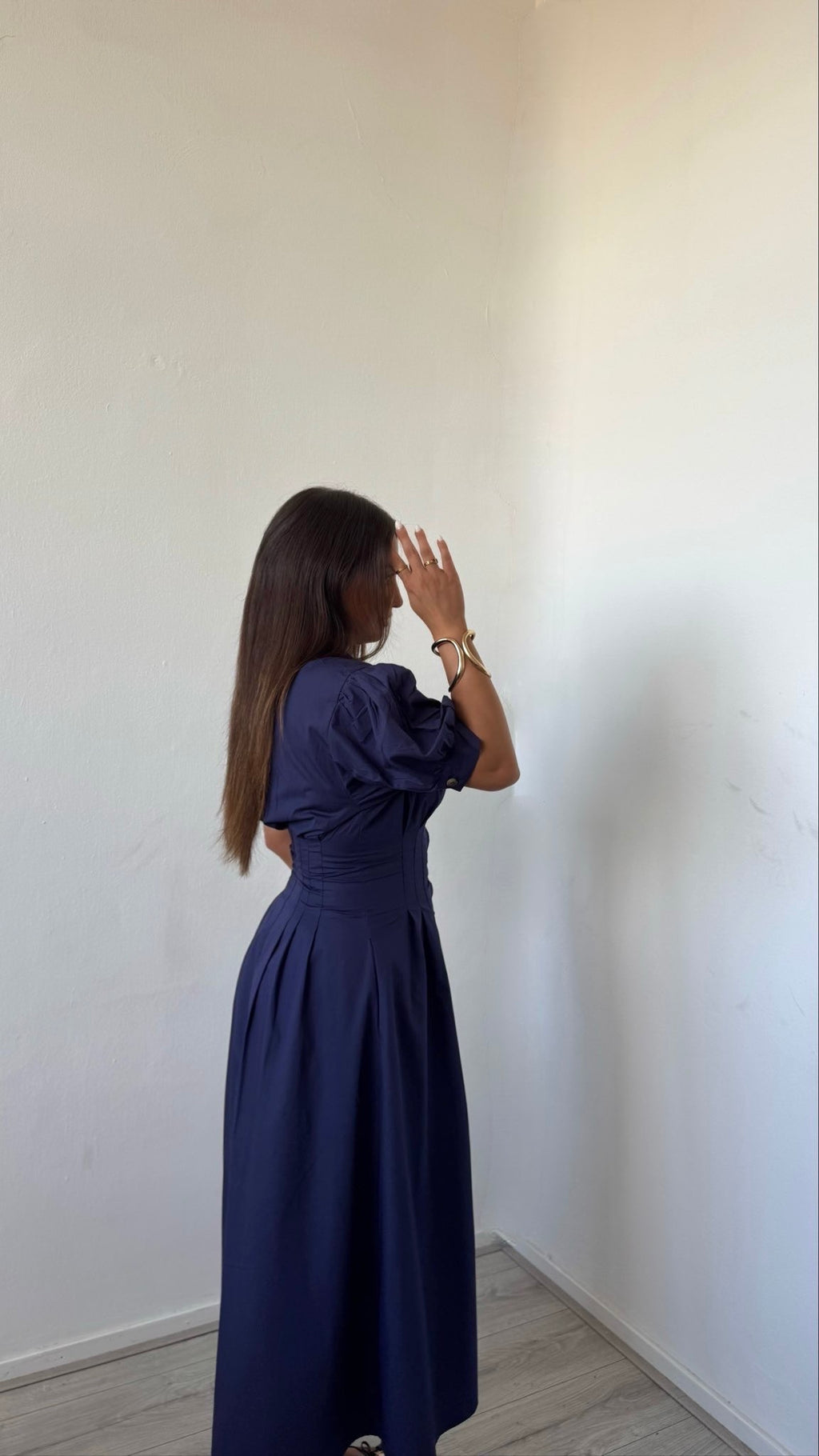 Elegant Navy Blue Shirt Midi Dress With Puff Sleeves