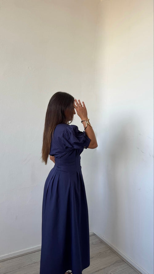 Elegant Navy Blue Shirt Midi Dress With Puff Sleeves