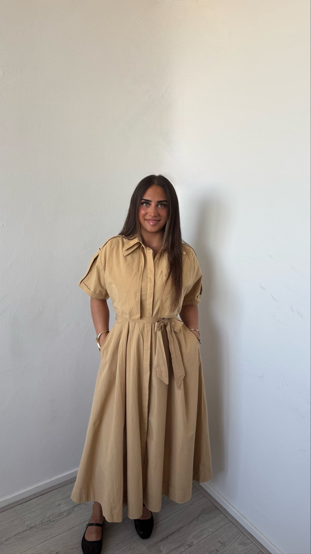 Beige A-Line Midi Dress With Notched Neck