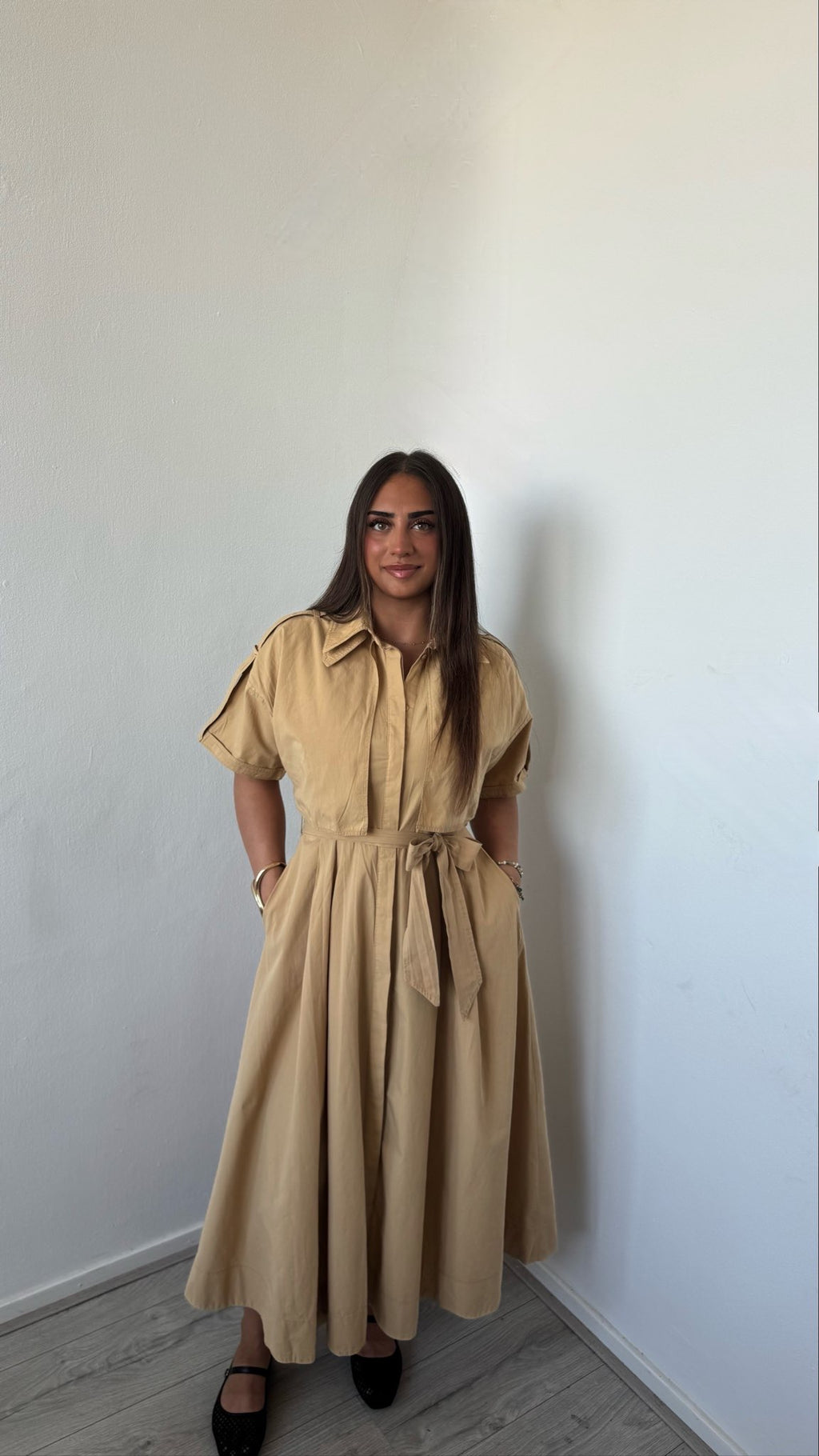 Beige A-Line Midi Dress With Notched Neck